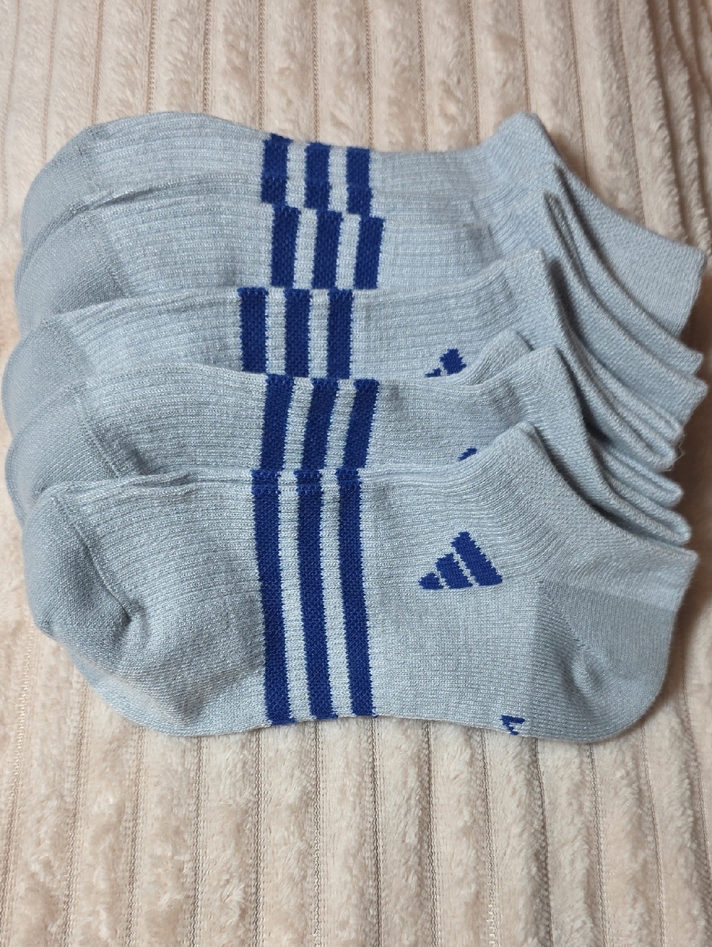 adidas Light Gray Low-Cut Athletic Socks with Navy Stripes